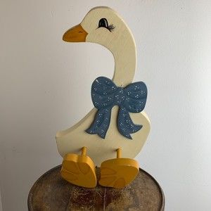 Vintage 1980s Wooden Hand Painted Sitting Apx. 14" White Duck Goose w/ Blue Bow